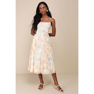 Lulus Exceedingly Admirable Yellow Multi Floral Pleated Midi Dress - Size M